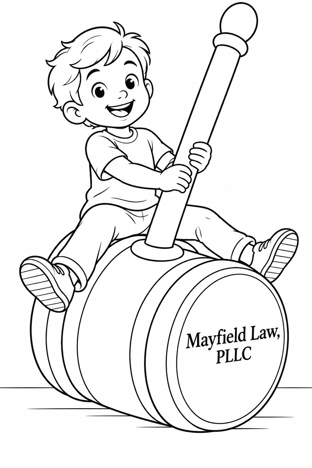 A child gently rocks astride the round head of an oversized wooden gavel.