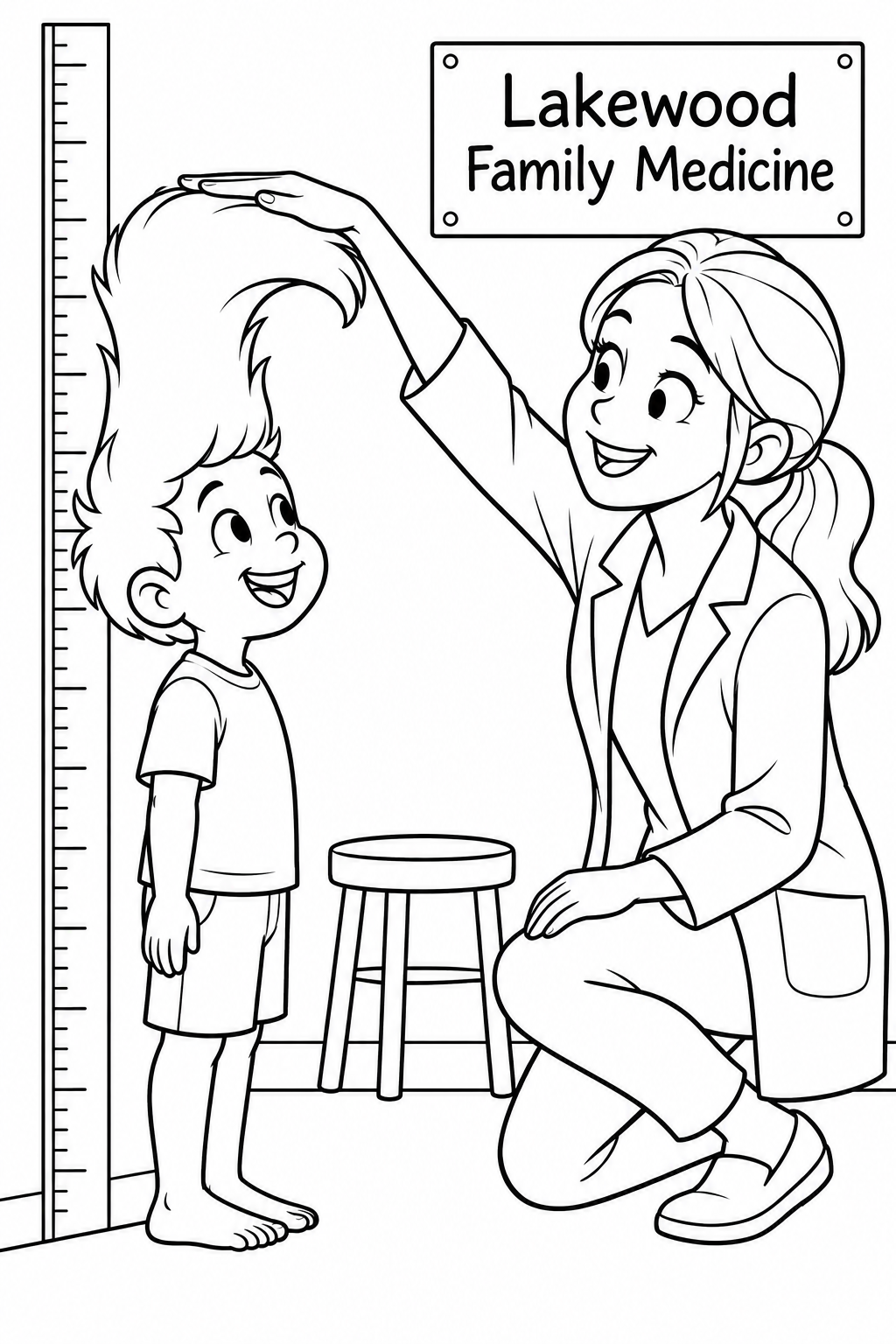 A grinning child arrives for a height check with a comically tall tuft of hair, and the friendly clinician gently flattens the tuft with an open palm.