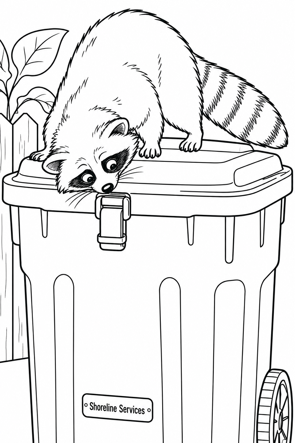 A raccoon crouches on a latched outdoor bin, bending its head over the front edge to inspect the clasp upside down.