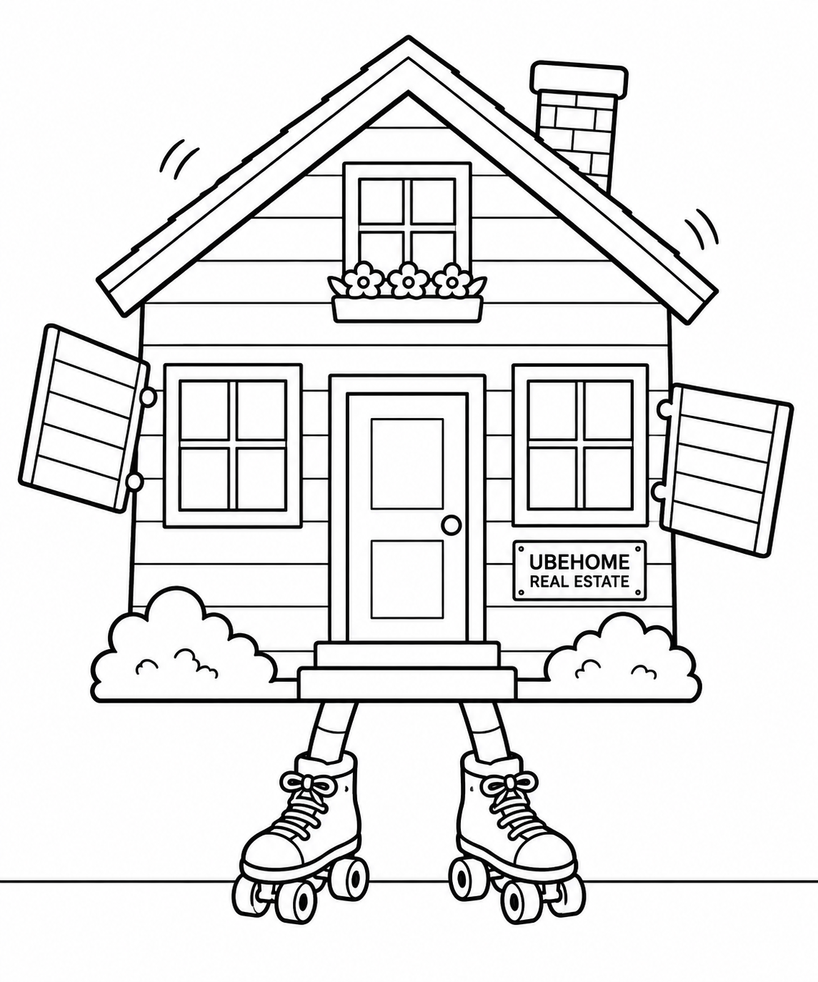 A house trying to balance with shutters out and two equal little skates turned outward like uncertain feet.