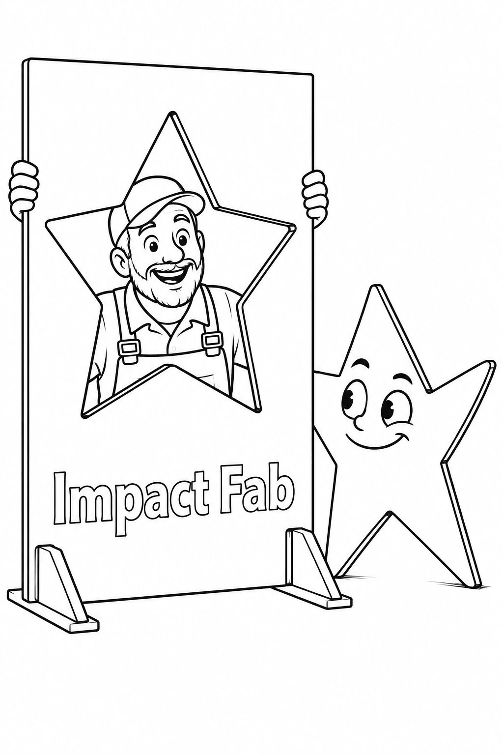 A cheerful flat star-shaped metal cutout has stepped out of its matching hole in a large sheet and playfully hides beside the panel while an adult fabricator peeks through the star-shaped opening.