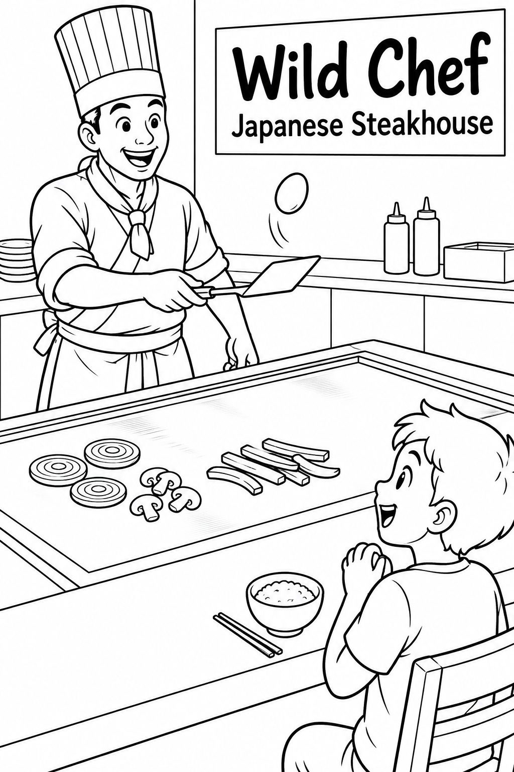 A cheerful hibachi chef flips one egg above a flat griddle while a delighted boy watches from the customer side.