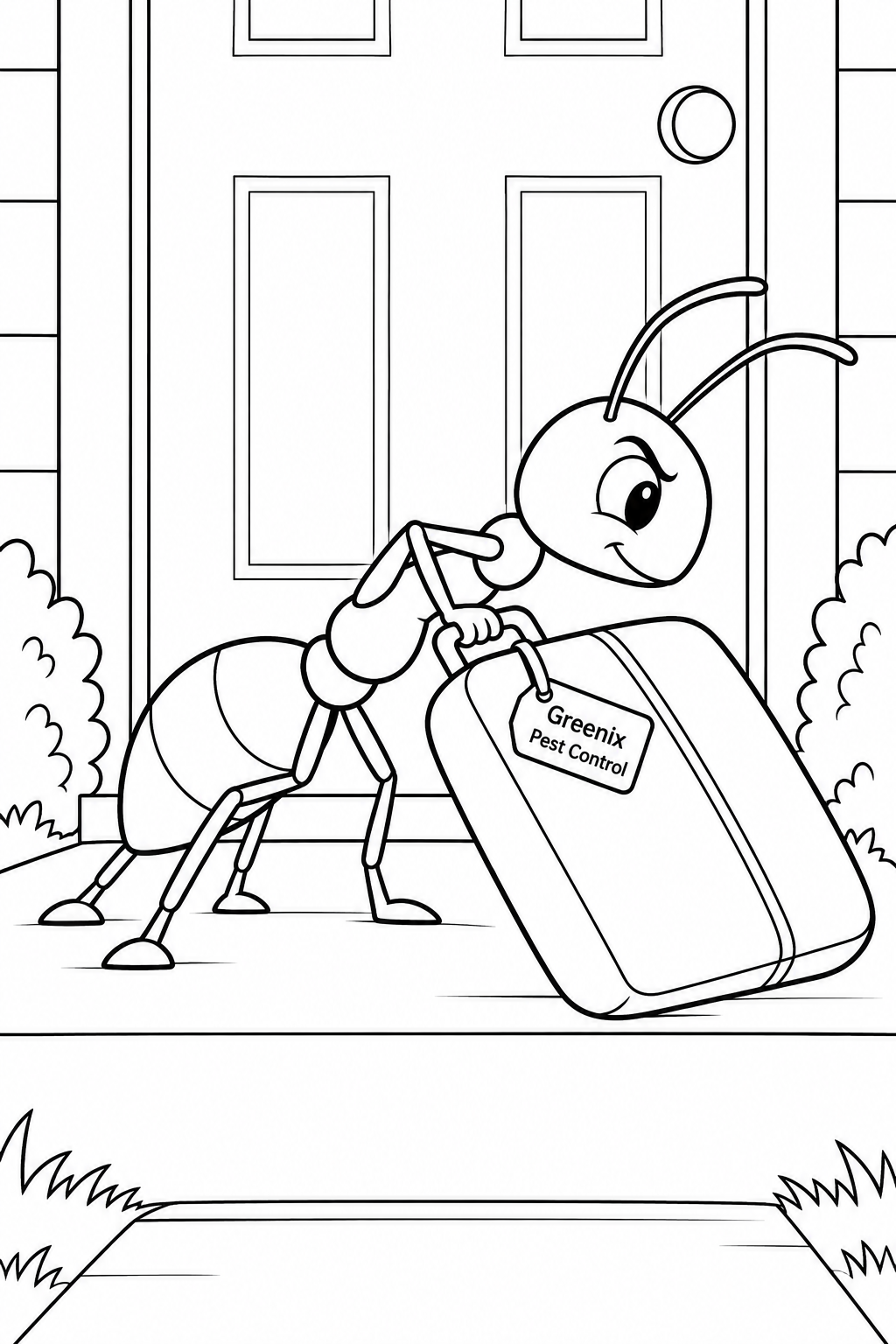 A determined ant drags an oversized suitcase across an outside doorstep.