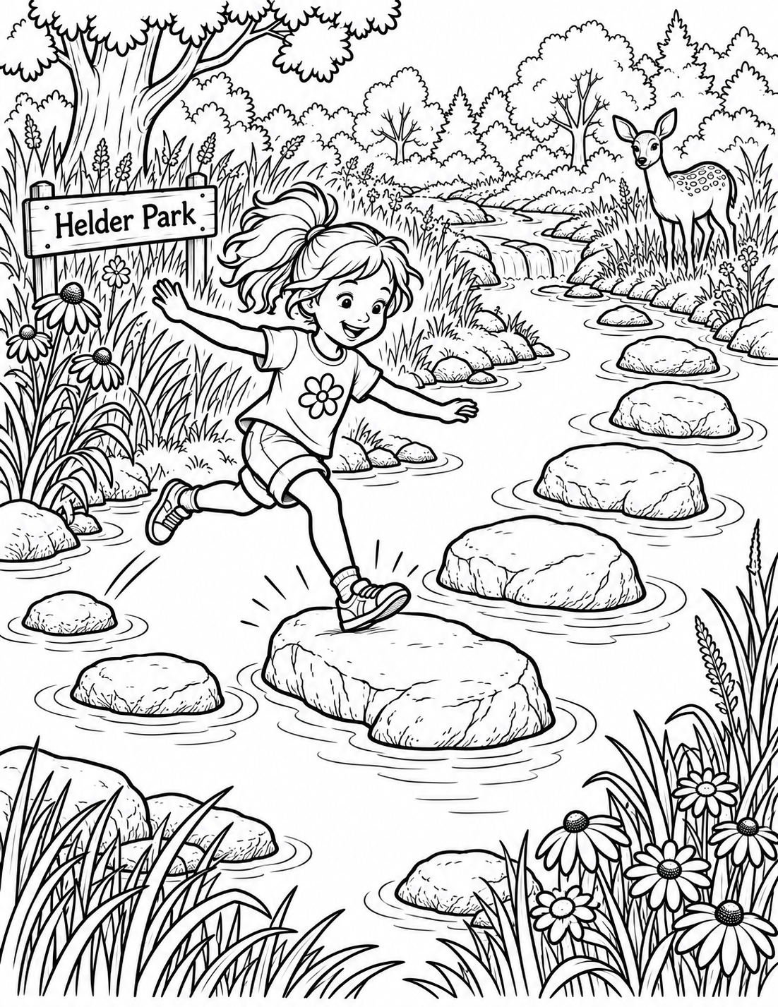 A girl leaps across broad natural stepping rocks in a shallow creek.