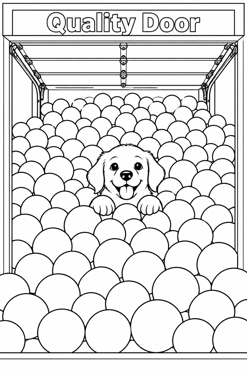 A puppy peeks from the center of a deep ball-filled garage bay, with a high mound of play balls filling the rear and side space behind it.