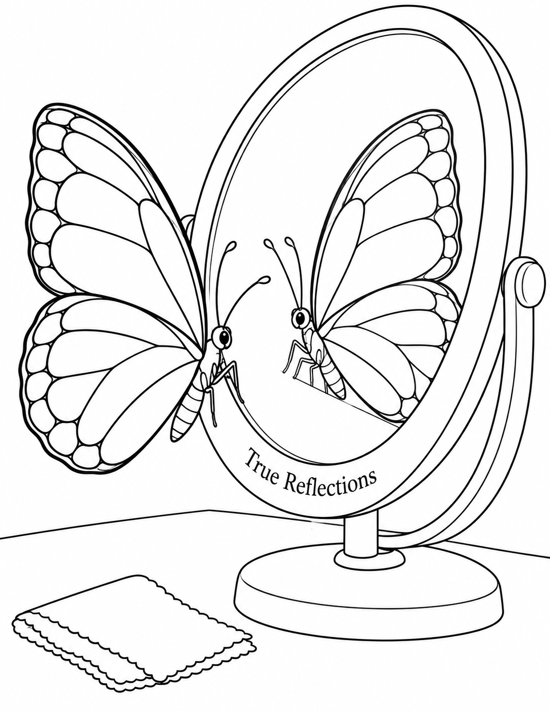 A butterfly on an oval mirror seems to meet its quiet reflected twin.