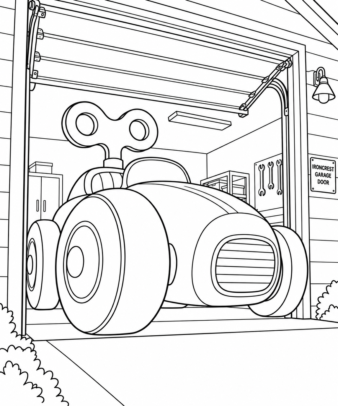 The enormous, unmistakably wind-up toy car comfortably tucked inside a grown-up garage; the looping key is the comic reveal.