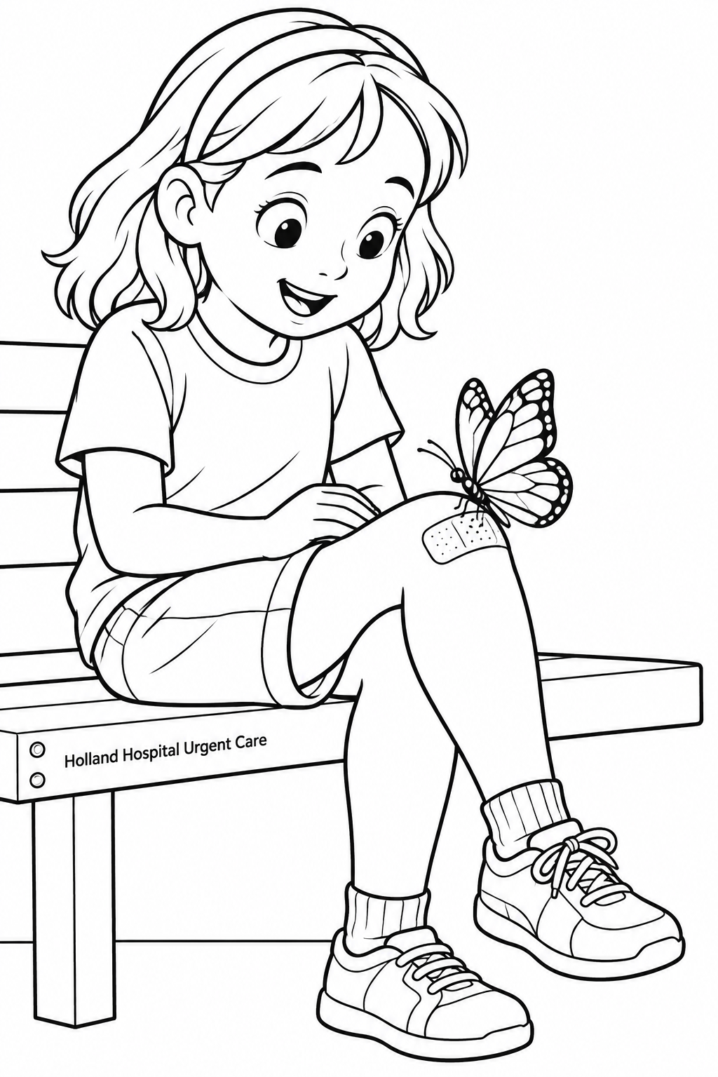 A child seated on a plain bench pauses in delighted surprise as a broad-winged butterfly rests lightly on the small clean bandage over one bent knee.