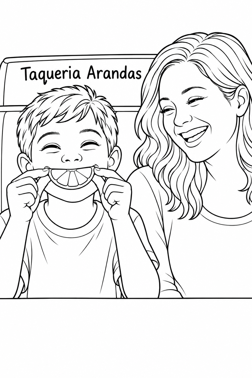 A boy makes an enormous pretend grin with one lime wedge held in front of his closed lips, making his mother laugh beside him at a restaurant booth.