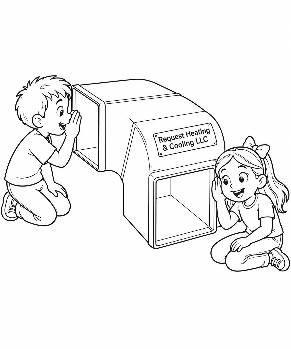 Two children discover they can whisper around the corner of one large loose air-duct elbow.