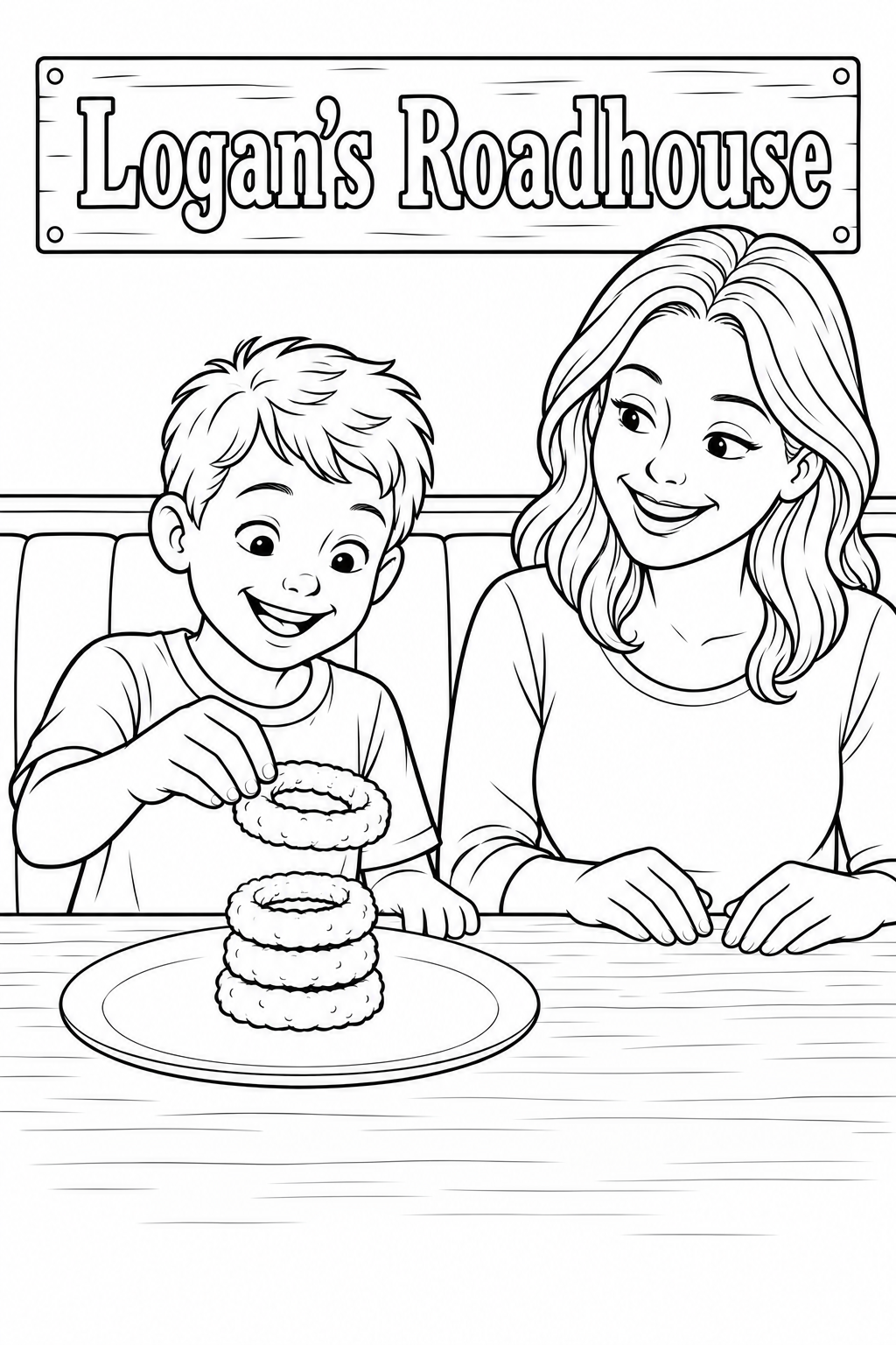 A child carefully lowers one onion ring toward a short stack of three flat rings on a plate while a parent smiles.