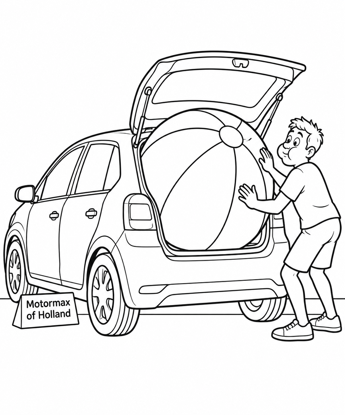 A little hatchback cannot quite contain one enormous inflated beach ball.