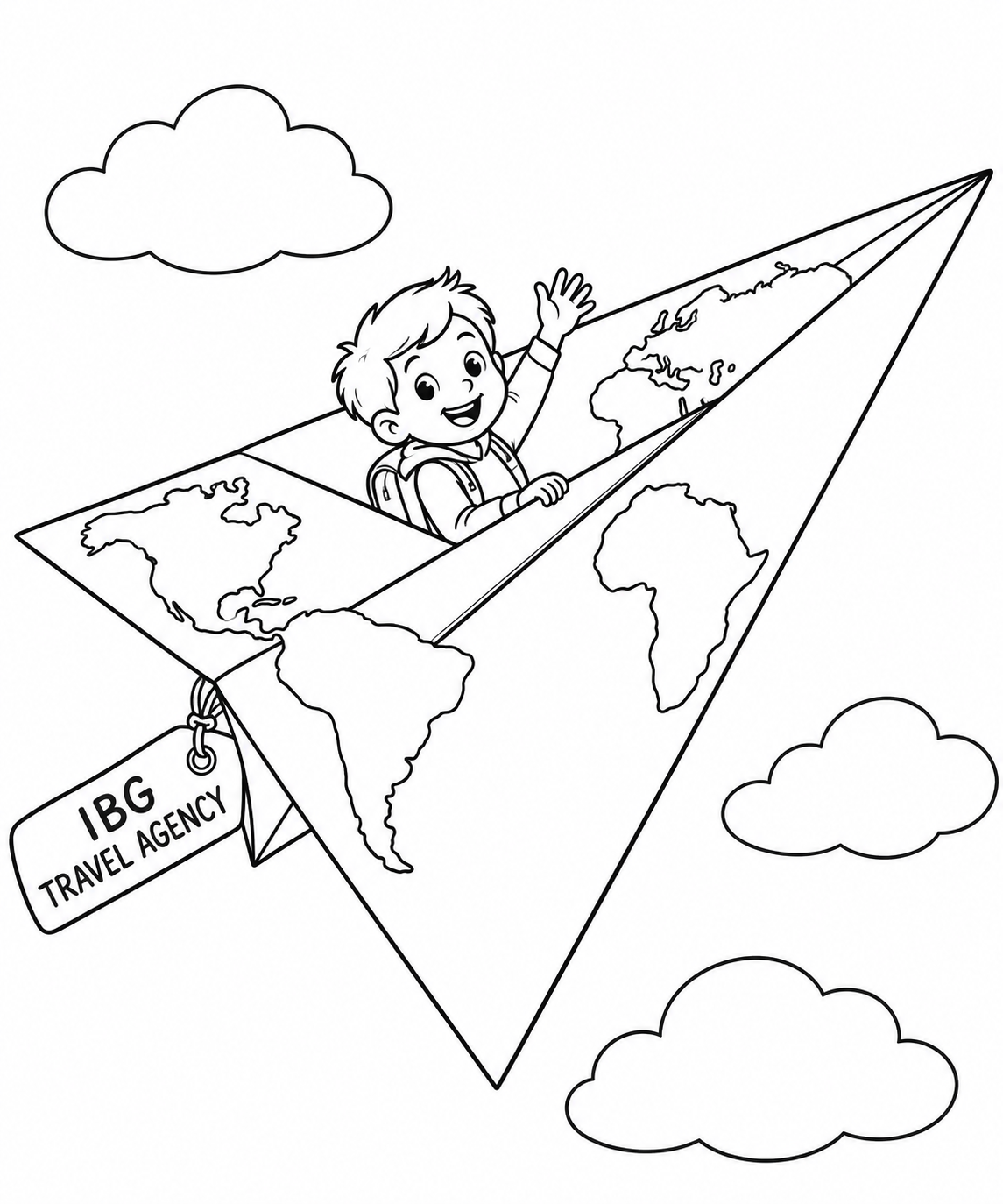 A huge folded map becomes a paper airplane, with a delighted small traveler nestled inside its fold.