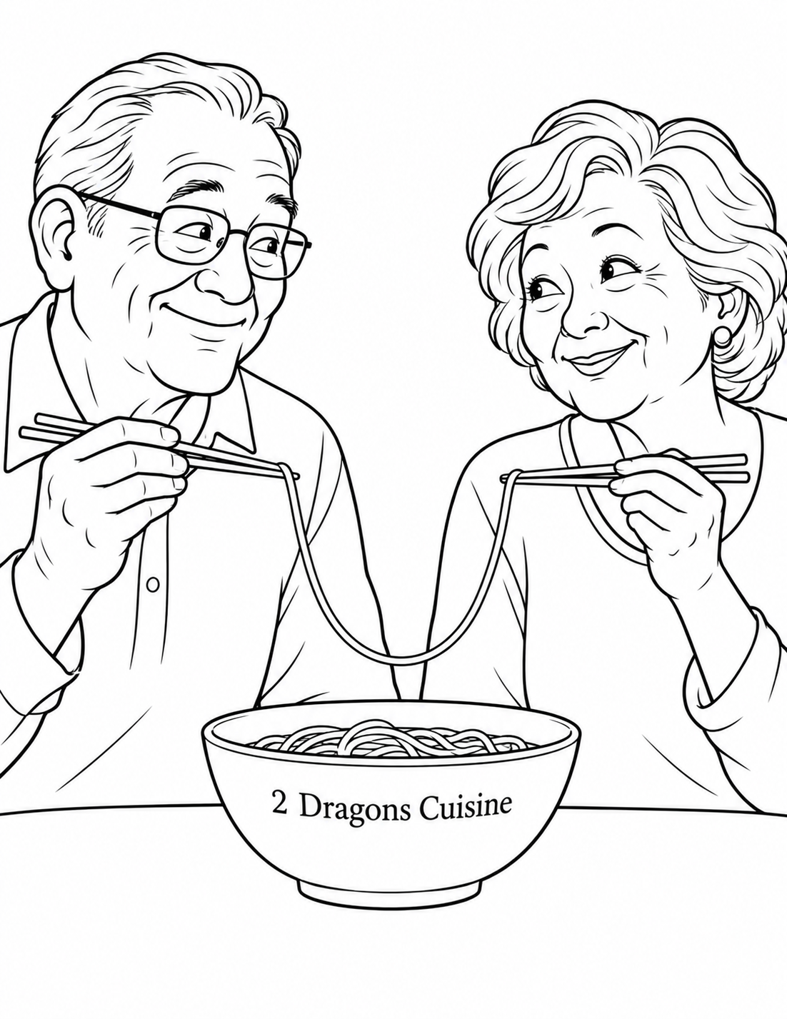 Two older adult diners seated across a small table discover that their chopsticks are holding opposite ends of one long unbroken noodle and exchange amused smiles.