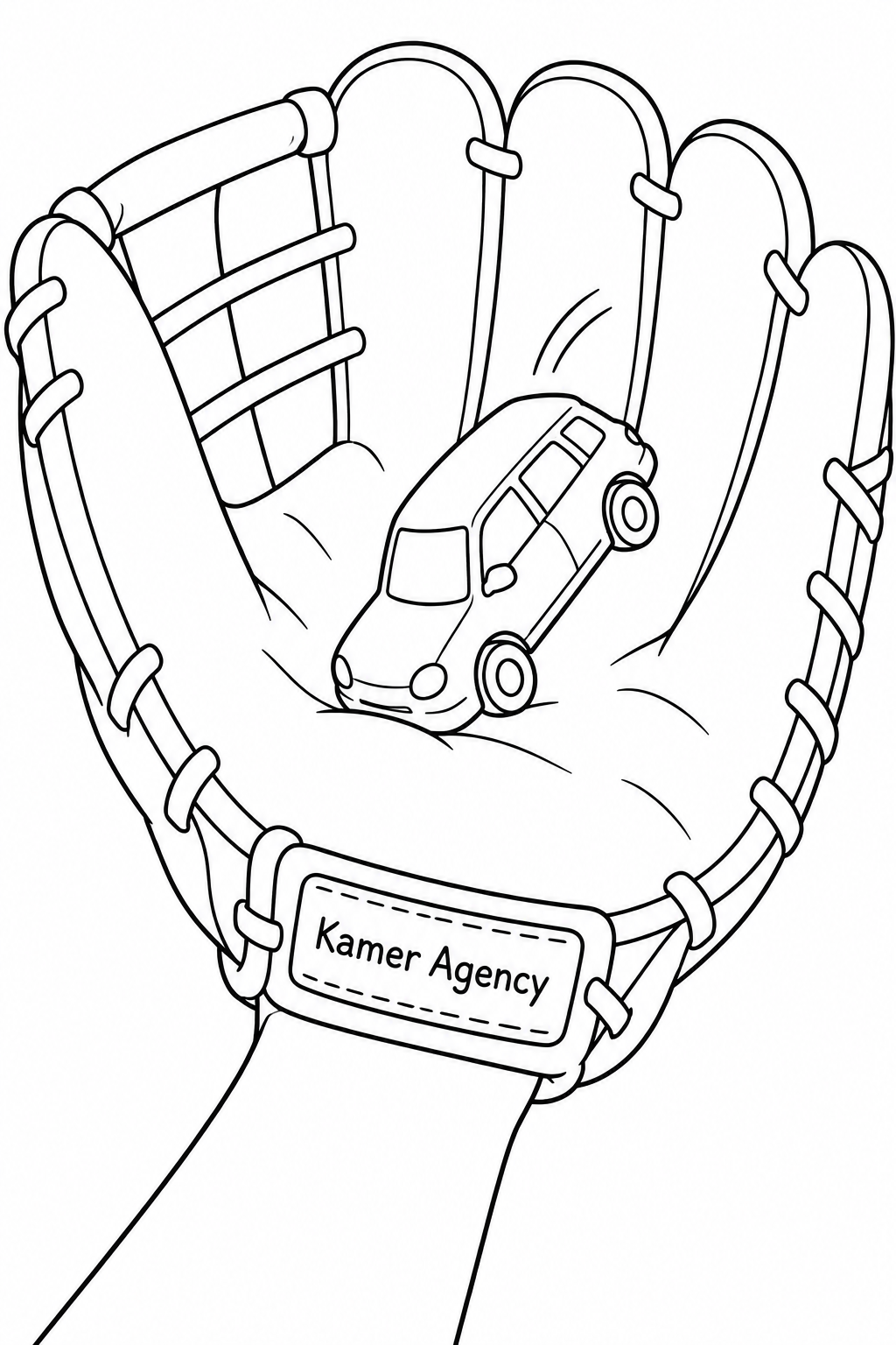 A small toy car lands nose-first in the padded pocket of an enormous baseball mitt.