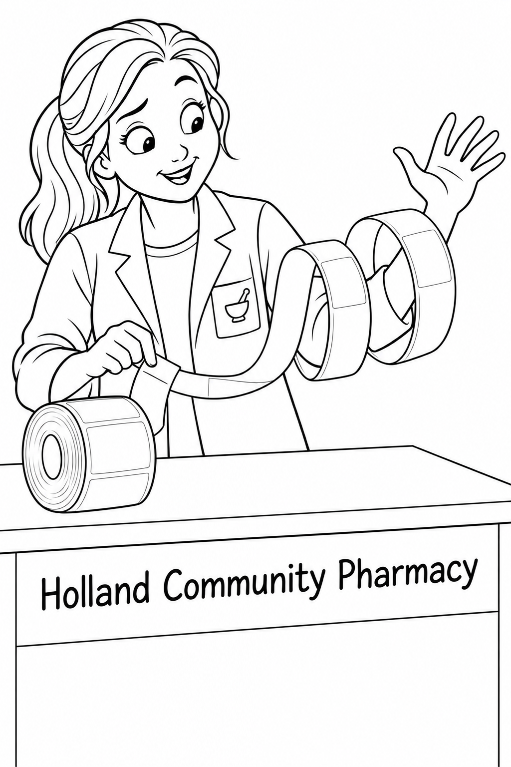 A pharmacist discovers that a blank label-backing strip has curled into a huge spring around one forearm.
