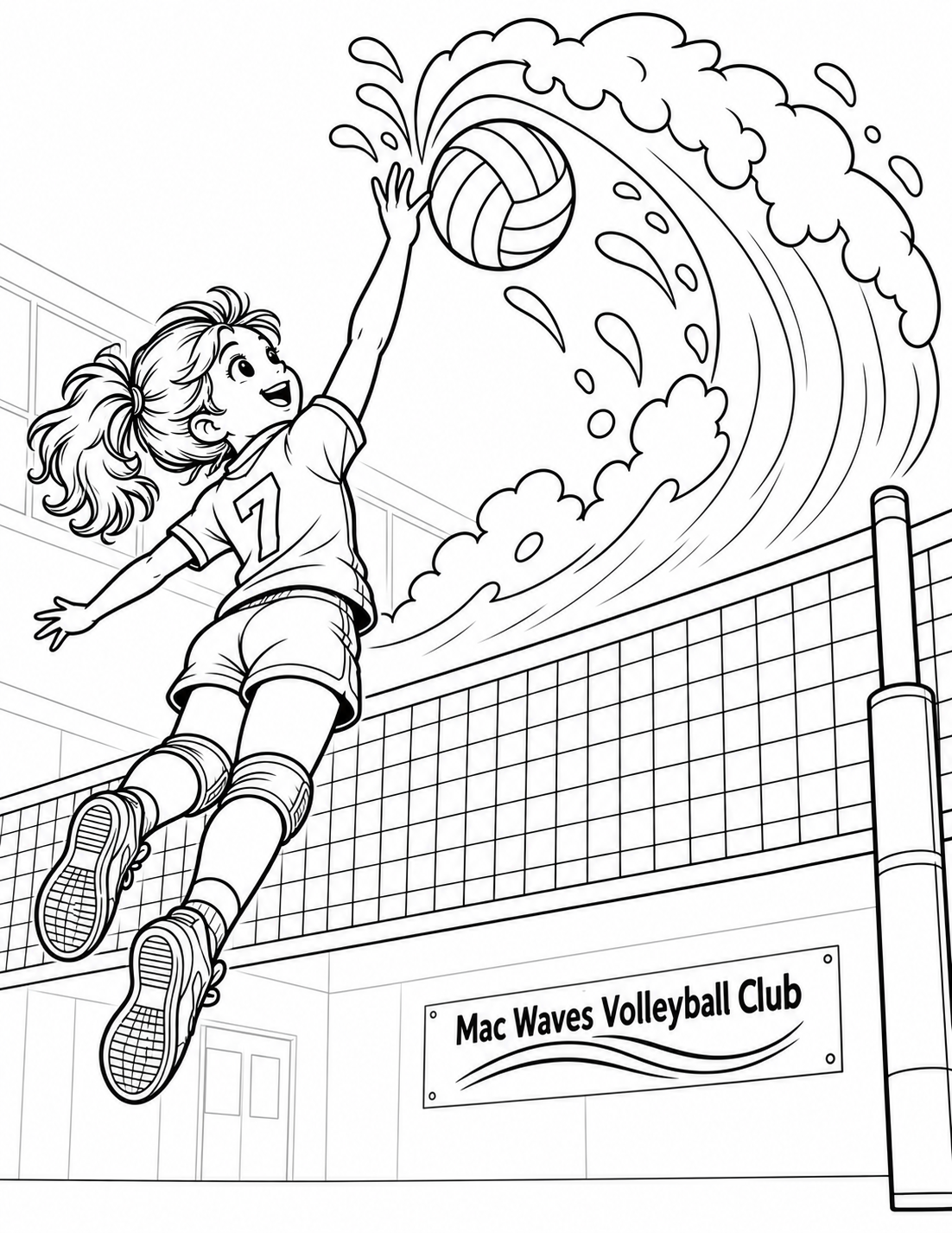 A single volleyball strike sends one broad imaginary wave curling over the net.
