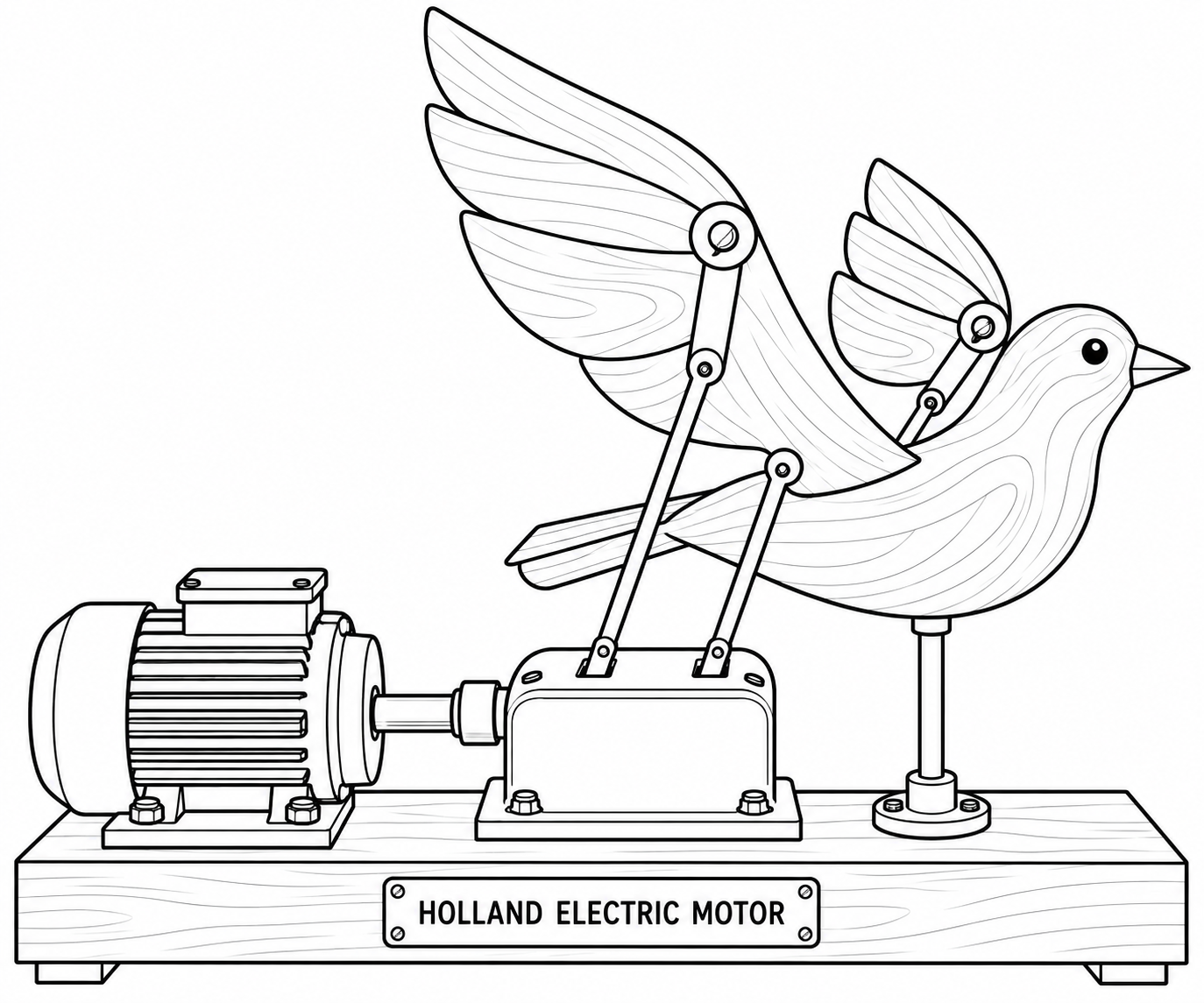 A small restored motor gives a wooden bird a graceful wingbeat.