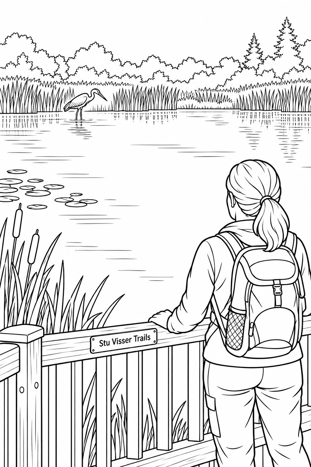 A hiker watches a great blue heron quietly fishing across a broad wetland pond from a boardwalk overlook.