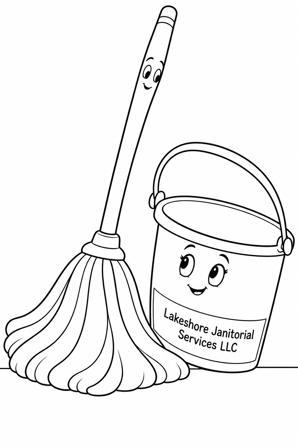 A broad-stranded mop and a round bucket perform a little ballroom bow.