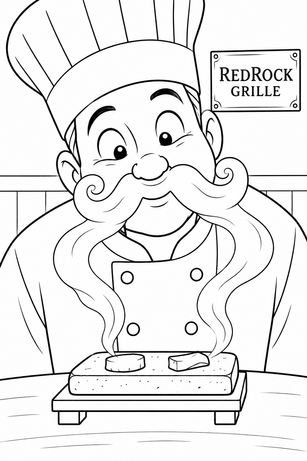 The hot dish gives a clean-shaven chef a magnificent temporary steam moustache; amused face and two broad curls fill the image.