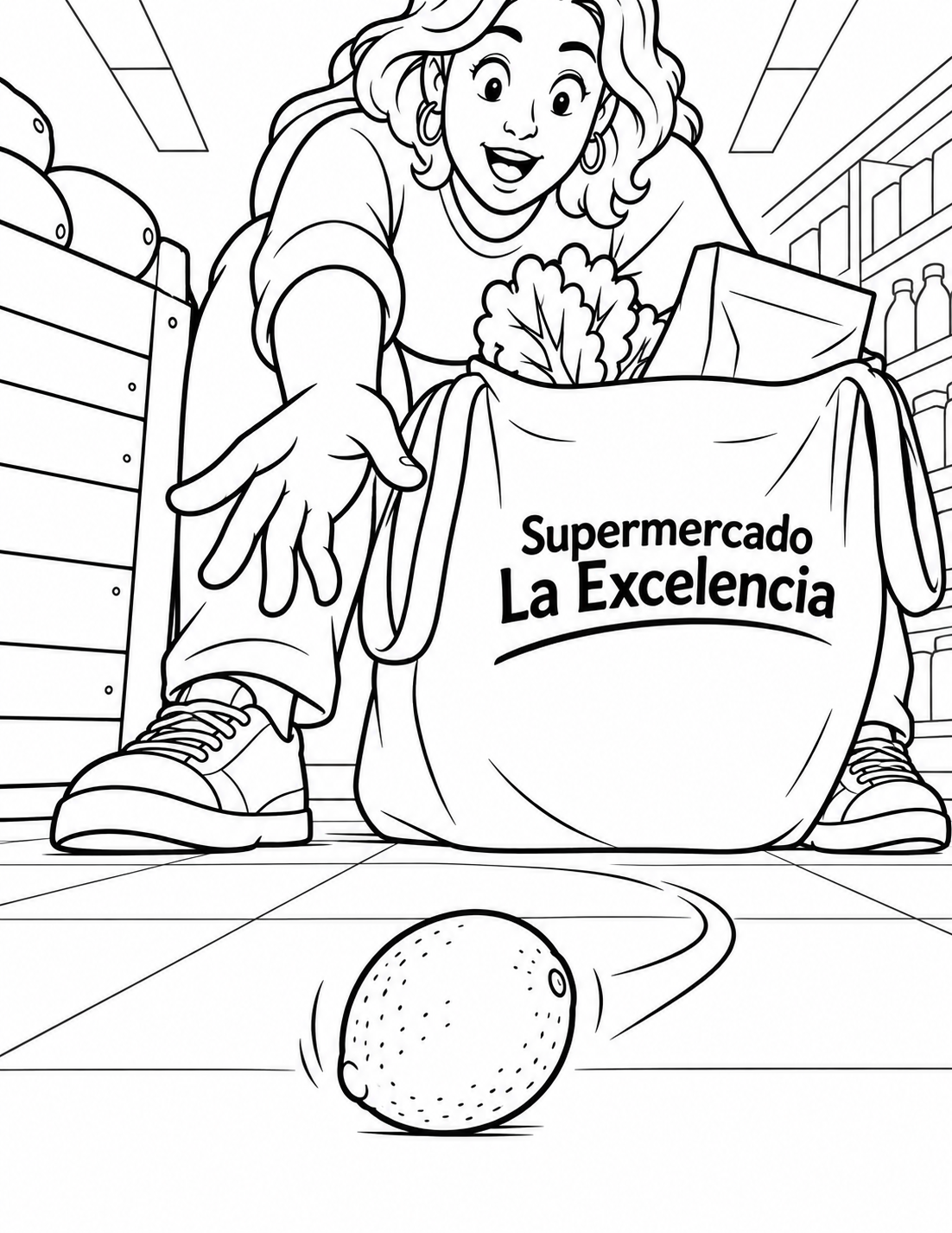 One escaped lime rolls between a shopper’s shoes beneath a huge grocery bag.