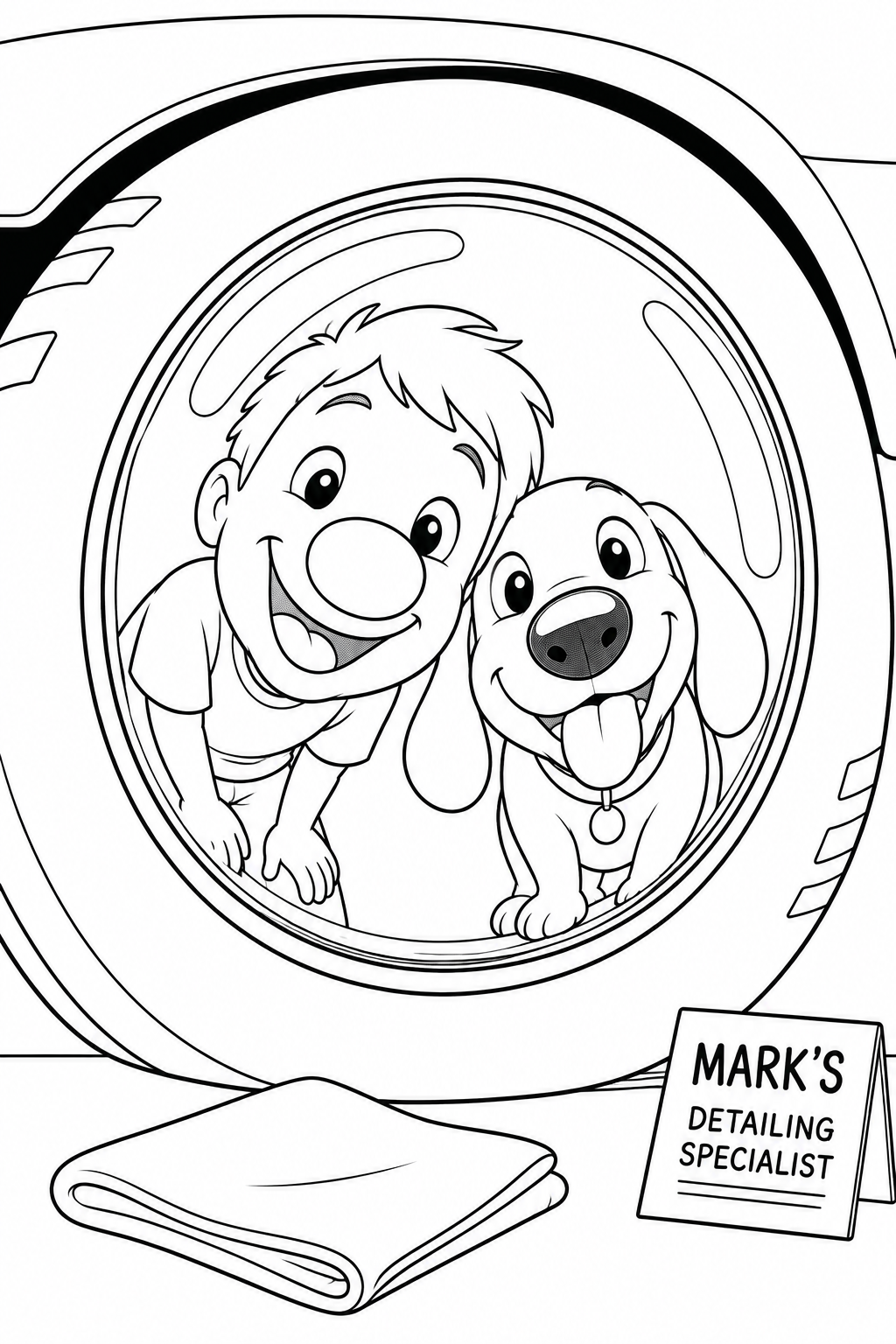 Two playful faces with comically enlarged noses reflected in the spotless round hubcap.