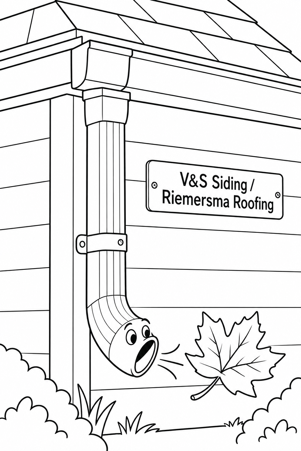 A storybook downspout sneezes out one tickling autumn leaf.