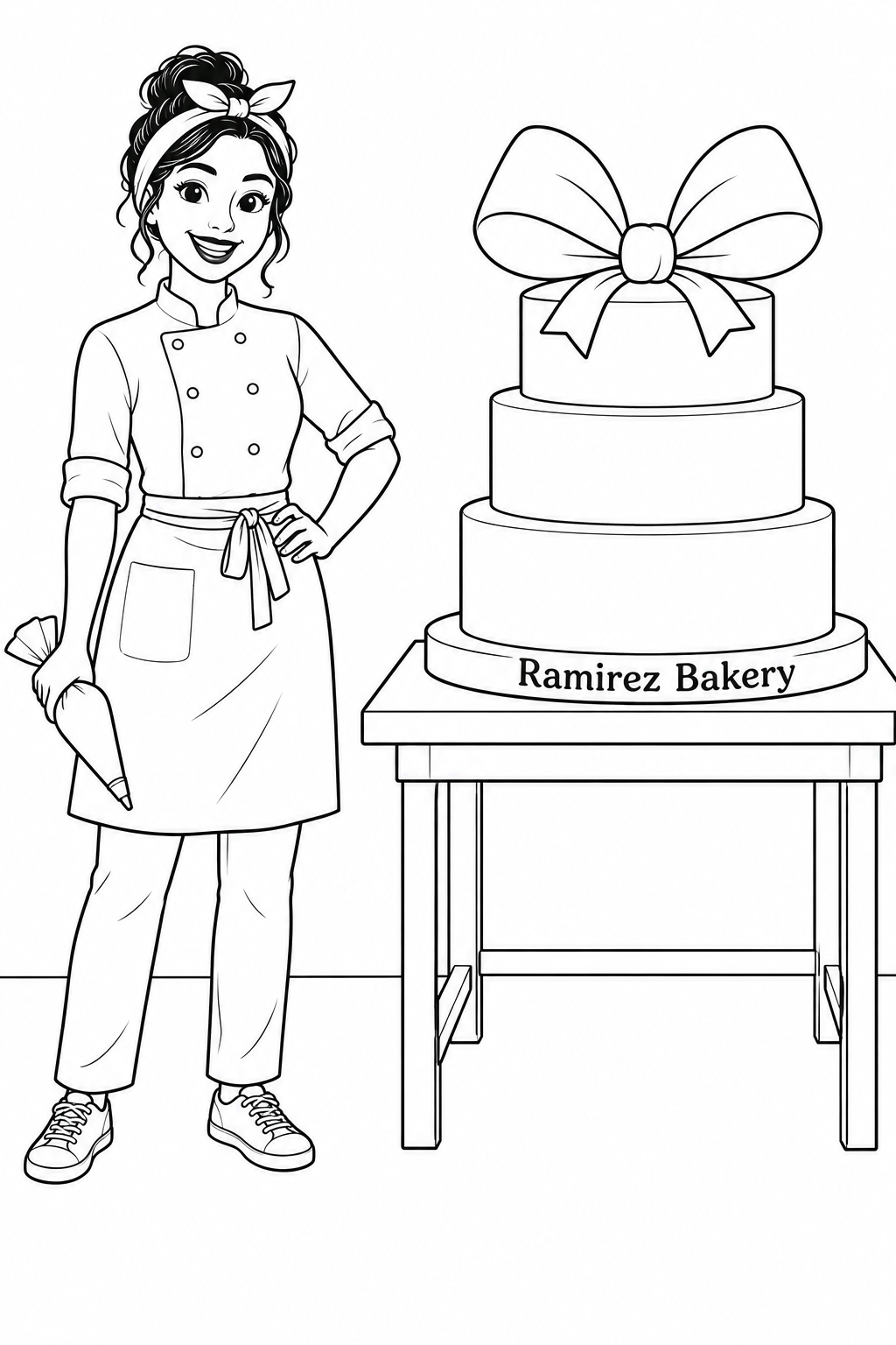 A cheerful woman baker stands beside a celebration cake on its own table, with both shoes fully visible on open floor well clear of the cake and table.
