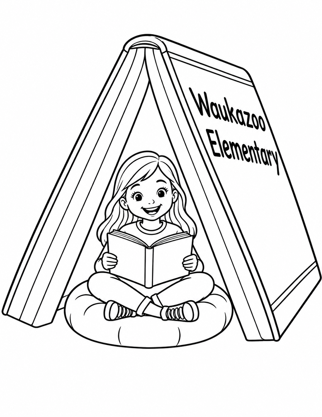A smiling elementary-age girl reads inside a cozy tent made from one enormous open book standing upside down on its page edges.