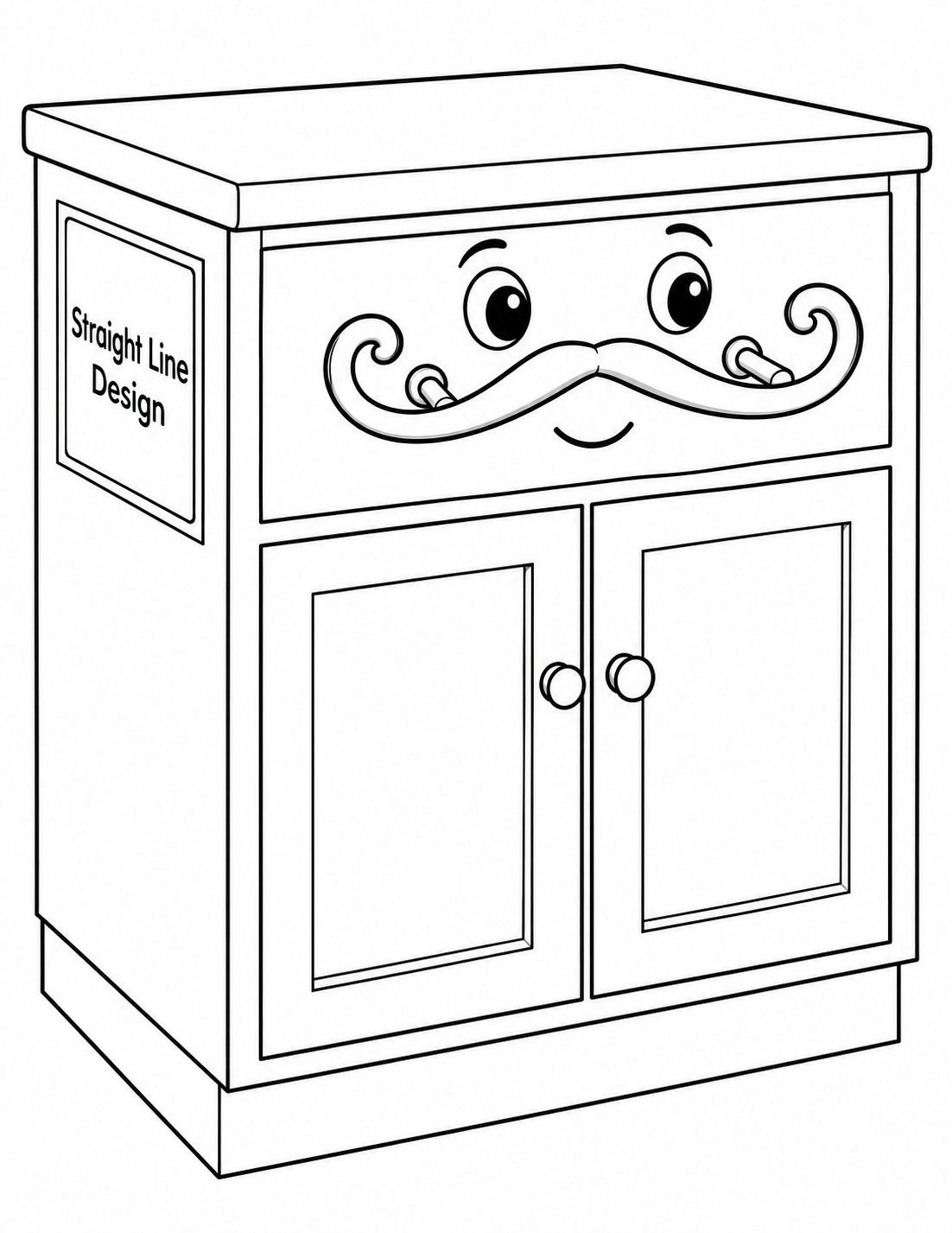 A cheerful freestanding kitchen cabinet shows off one enormous curled drawer pull like a proud handlebar moustache.