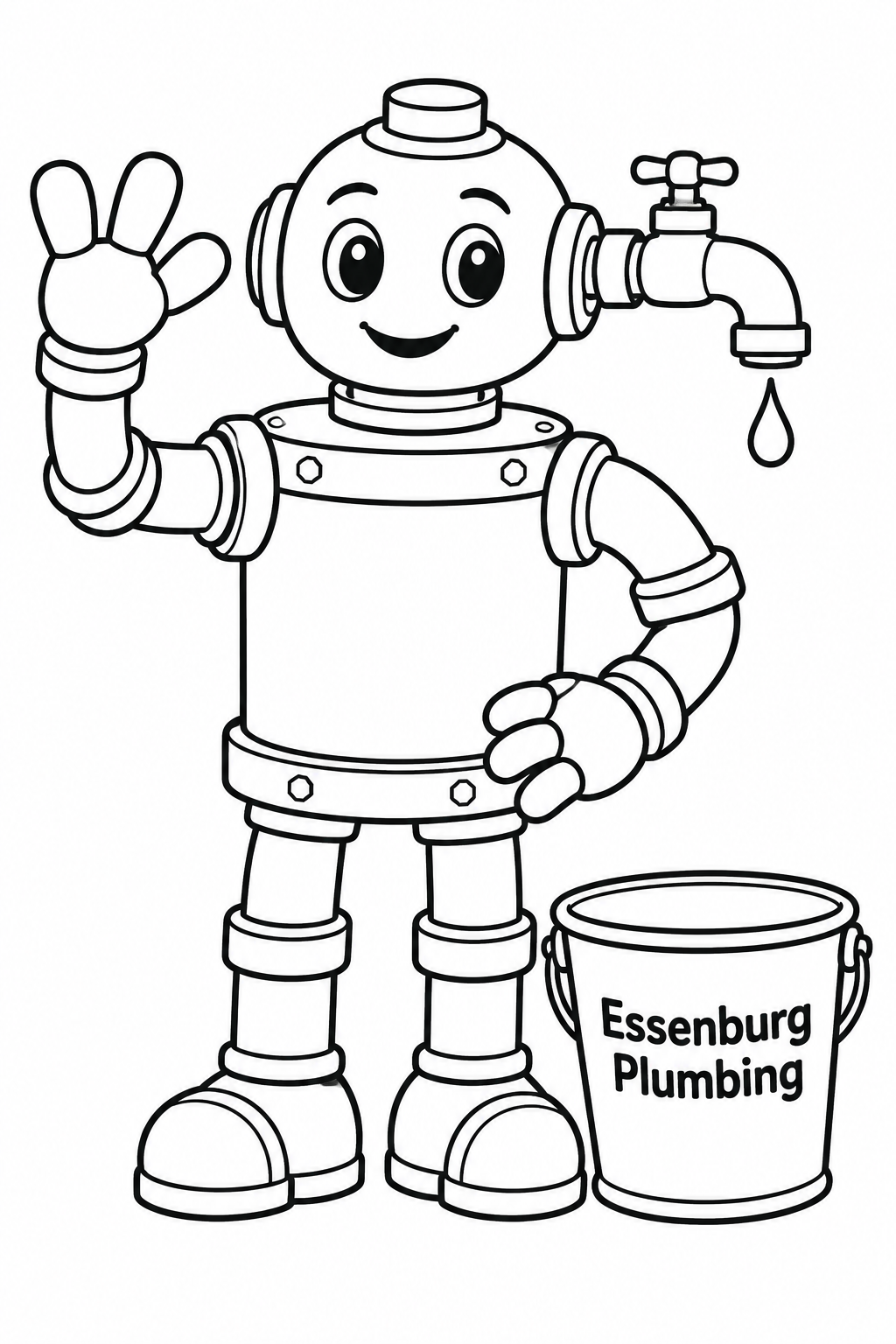 A cheerful robot assembled from chunky plumbing pipes gives a friendly wave while a single tiny faucet on its head drips into a bucket at its feet.