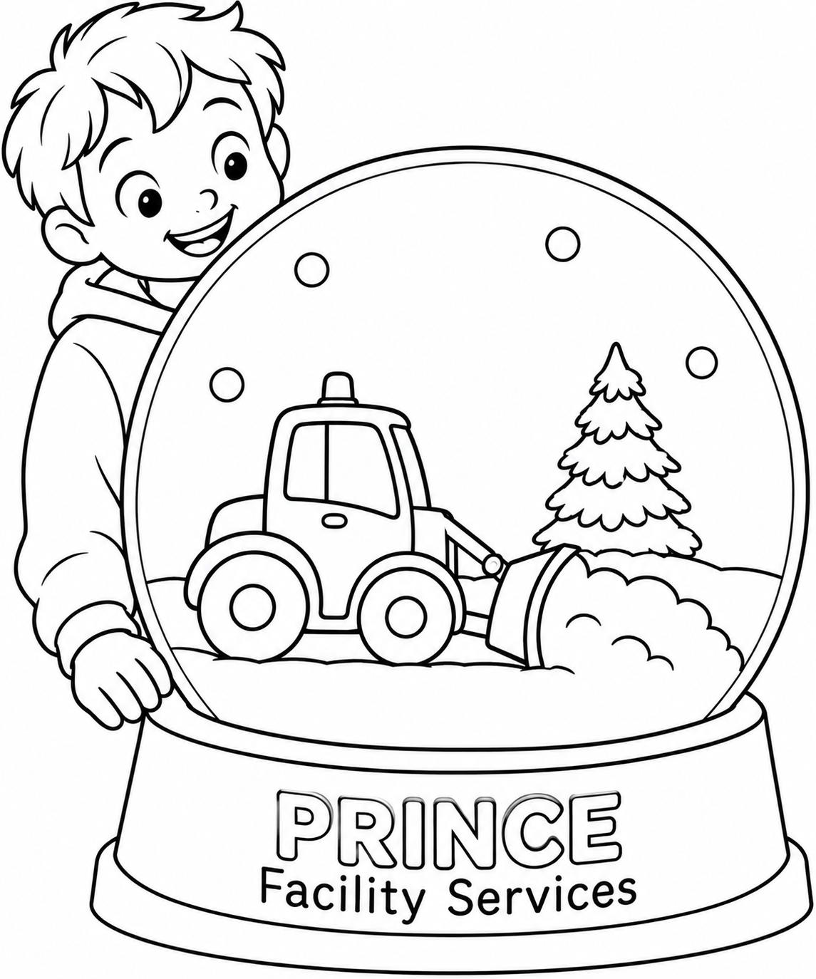 A delighted child peers into a large snow globe where a tiny snowplow is clearing the freshly fallen snow around one miniature fir tree.