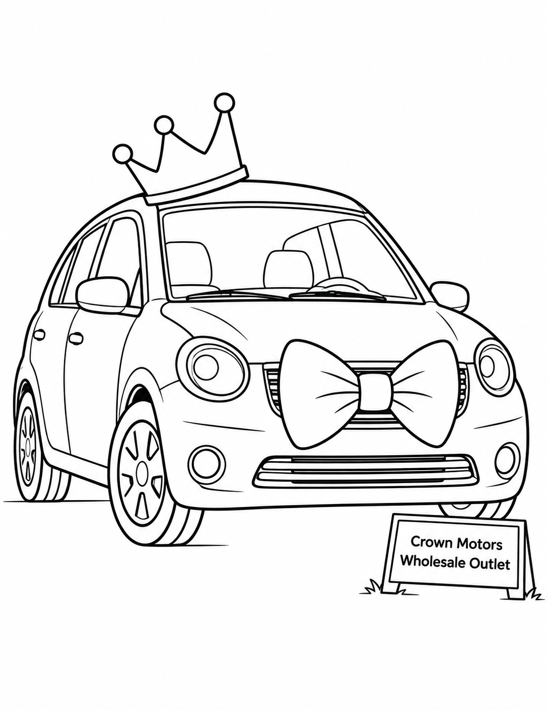 A compact car arrives dressed in a huge bow tie and a slightly crooked crown.