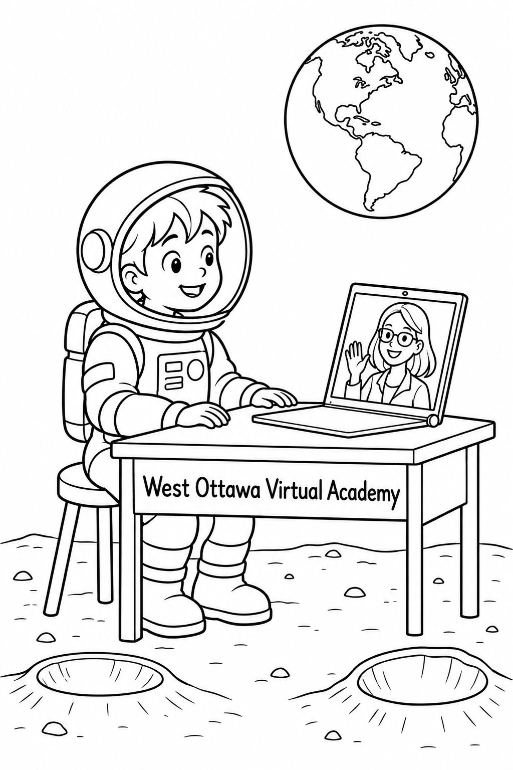An alert young teen astronaut attends an online lesson at a small desk on an imaginary moon, with a friendly teacher visible on the laptop screen and Earth high above.