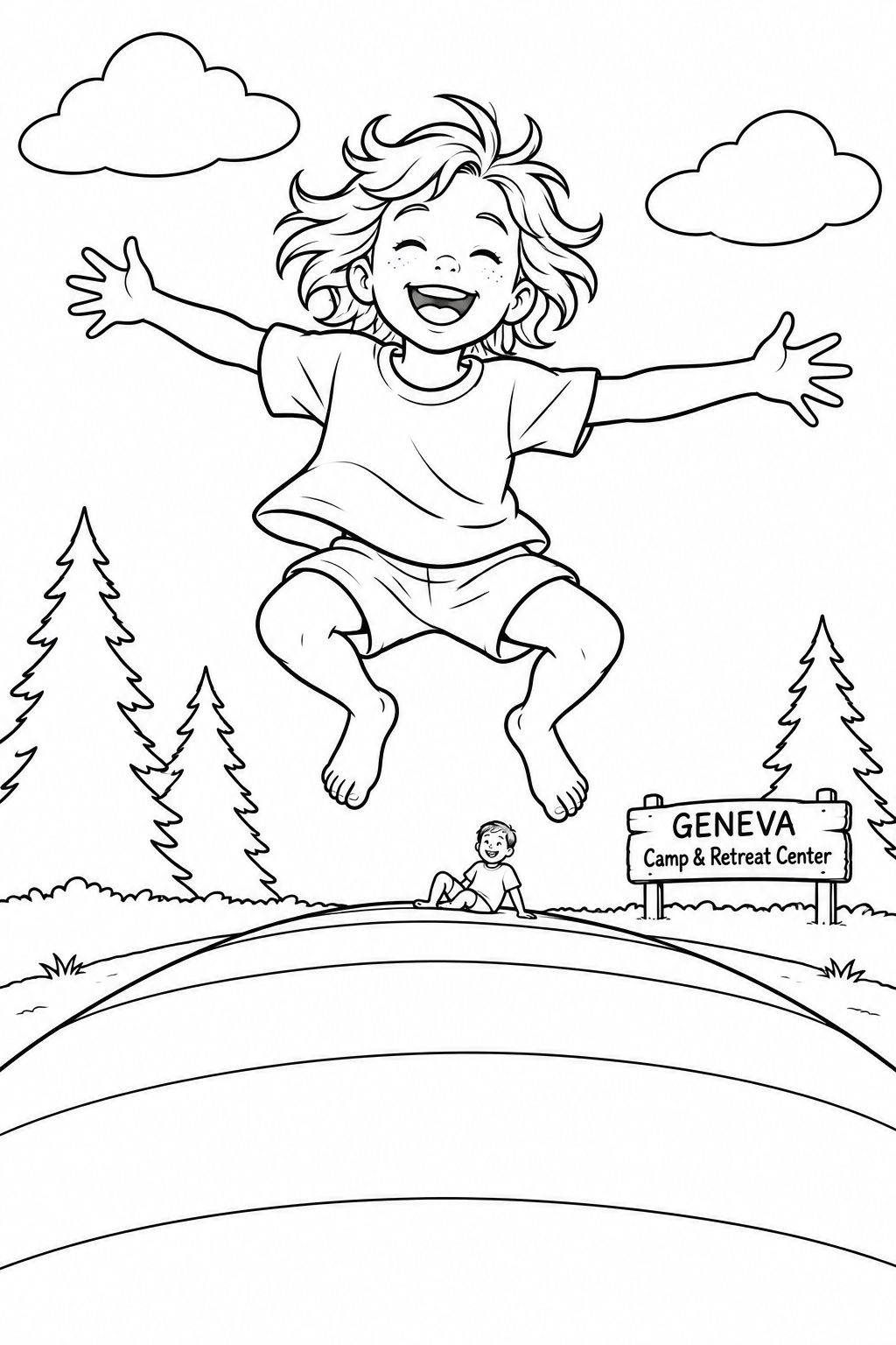 A joyful barefoot camper appears to float over a huge striped cushion that curves into the foreground.