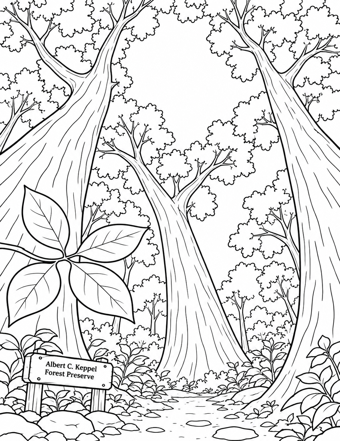 Tall forest trunks curve around a broad window of open sky.