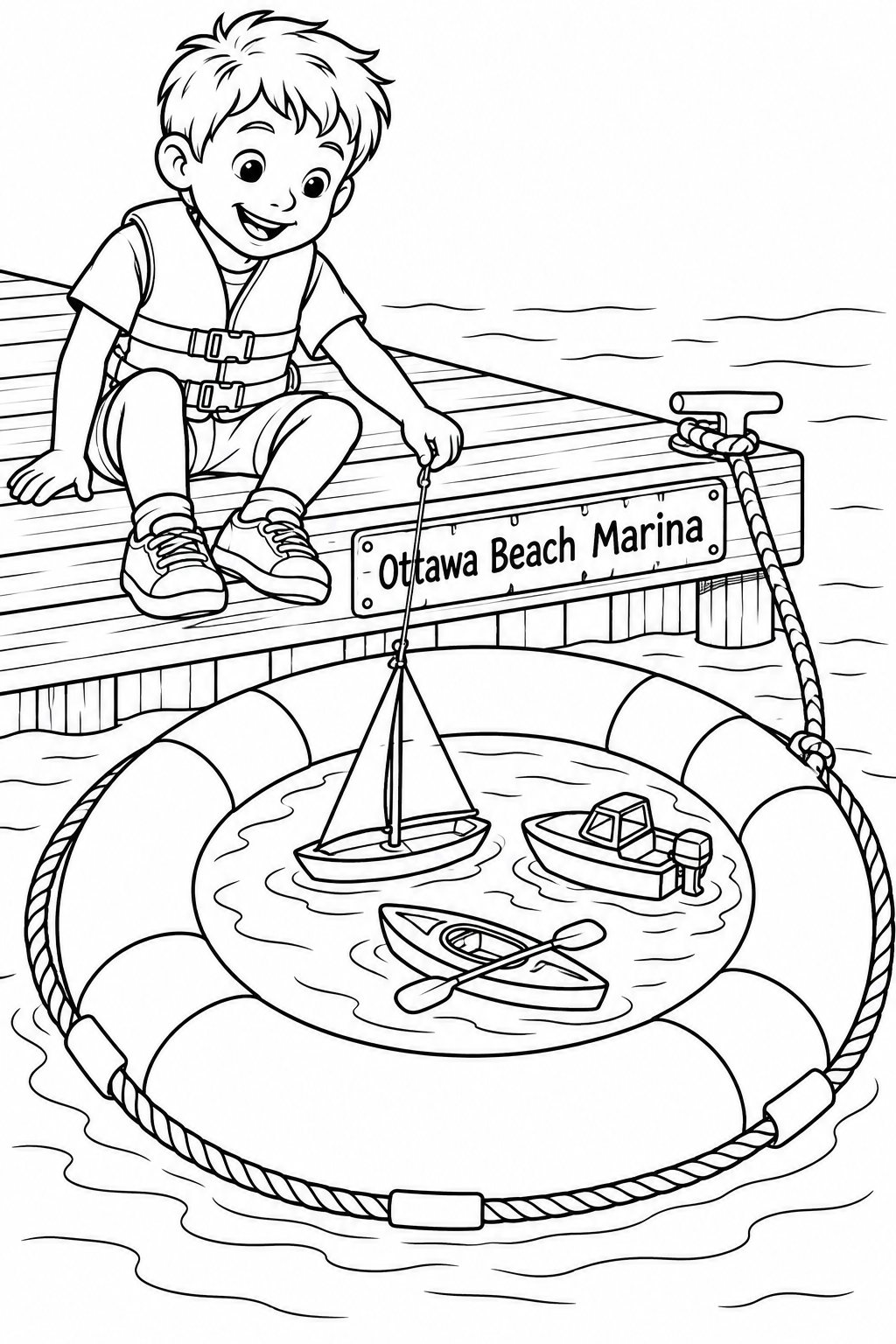 A smiling boy sits safely on a dock beside a floating life ring that he has turned into a tiny toy marina, with three little boats resting inside its open center.
