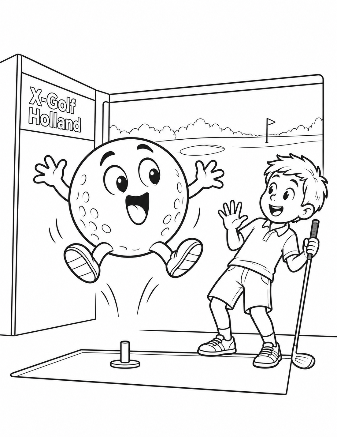 A fictional dimpled golf-ball character independently jumps above the stationary empty X-Golf automatic tee as a child reacts with surprise, one hand open and the other holding a club.