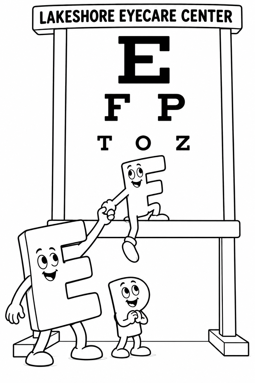 E steadies F through a handclasp as F plants one foot on a chart ledge; P waits below beside a real decreasing-size eye chart.