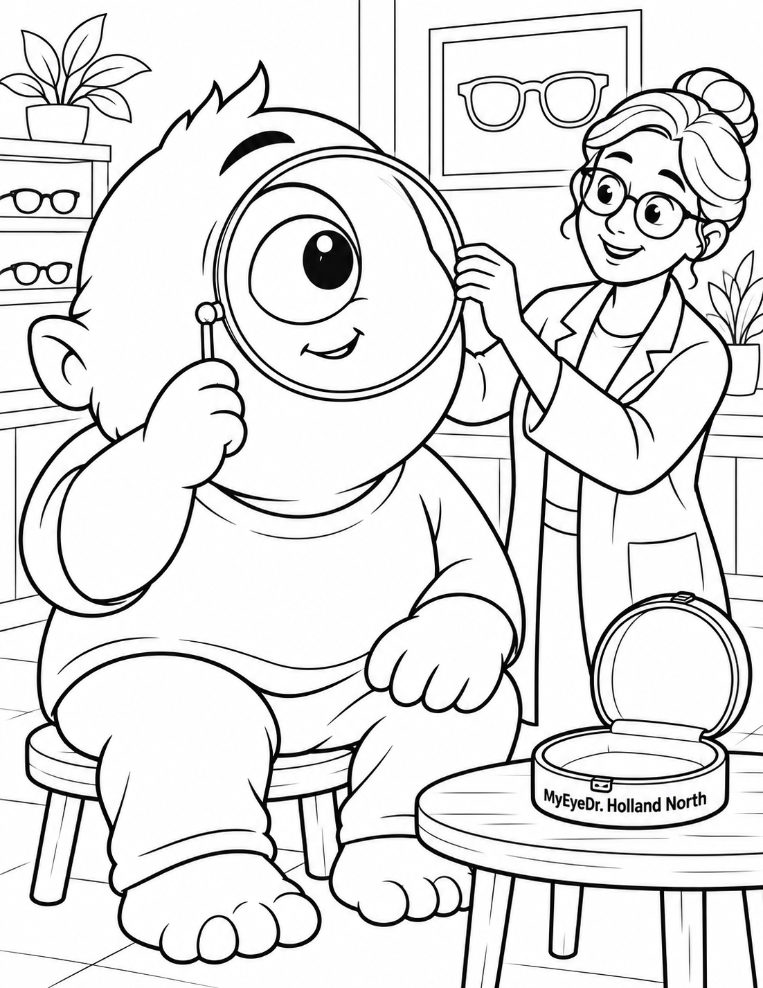 A friendly one-eyed storybook customer tries an enormous round monocle.