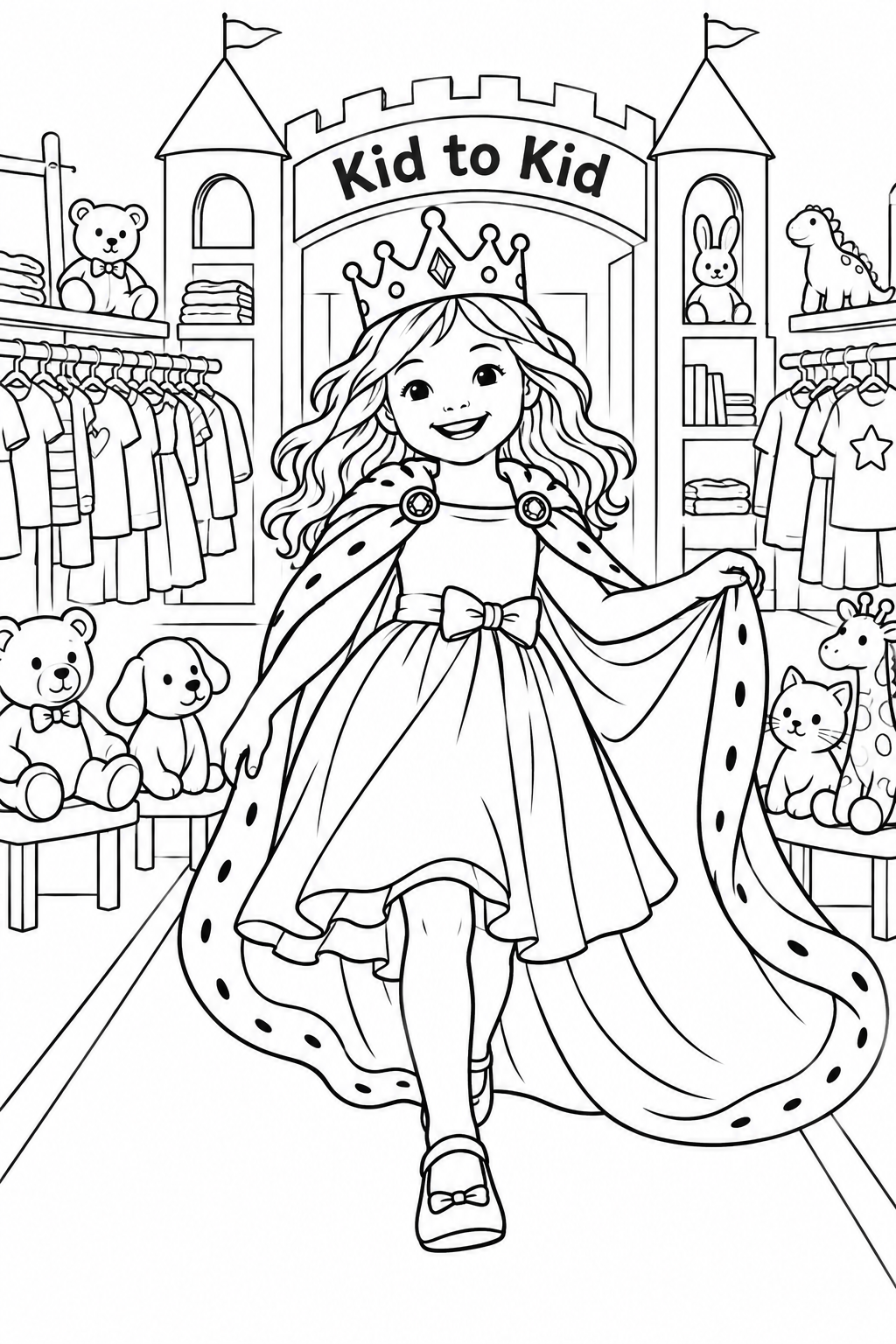 A smiling child in a crown and sweeping cape strides down a pretend castle runway inside a children’s resale clothing shop, with toy animals watching.