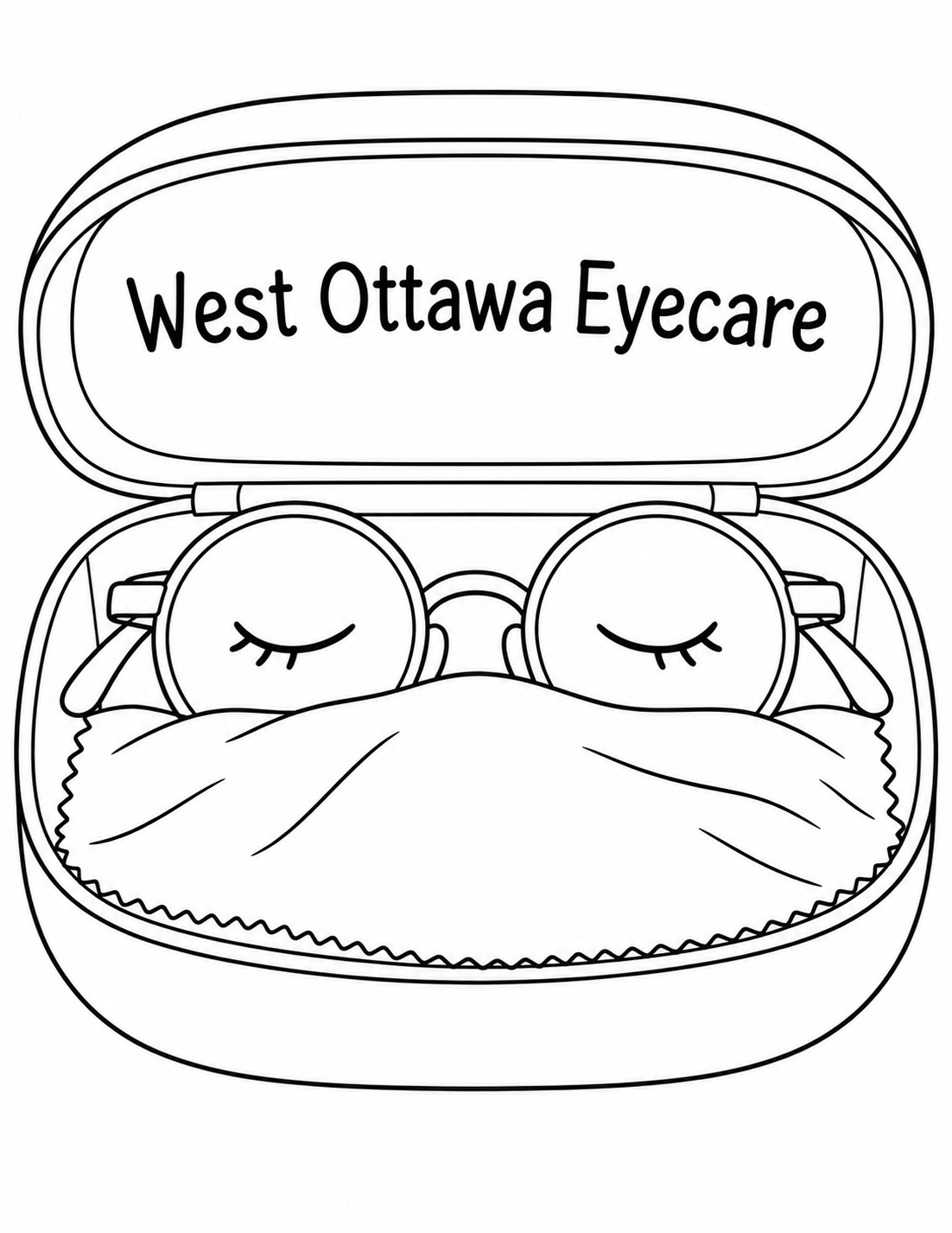 A pair of round eyeglasses with sleepy closed eyes nestles in its open case under a soft lens-cleaning cloth like a tiny bed.