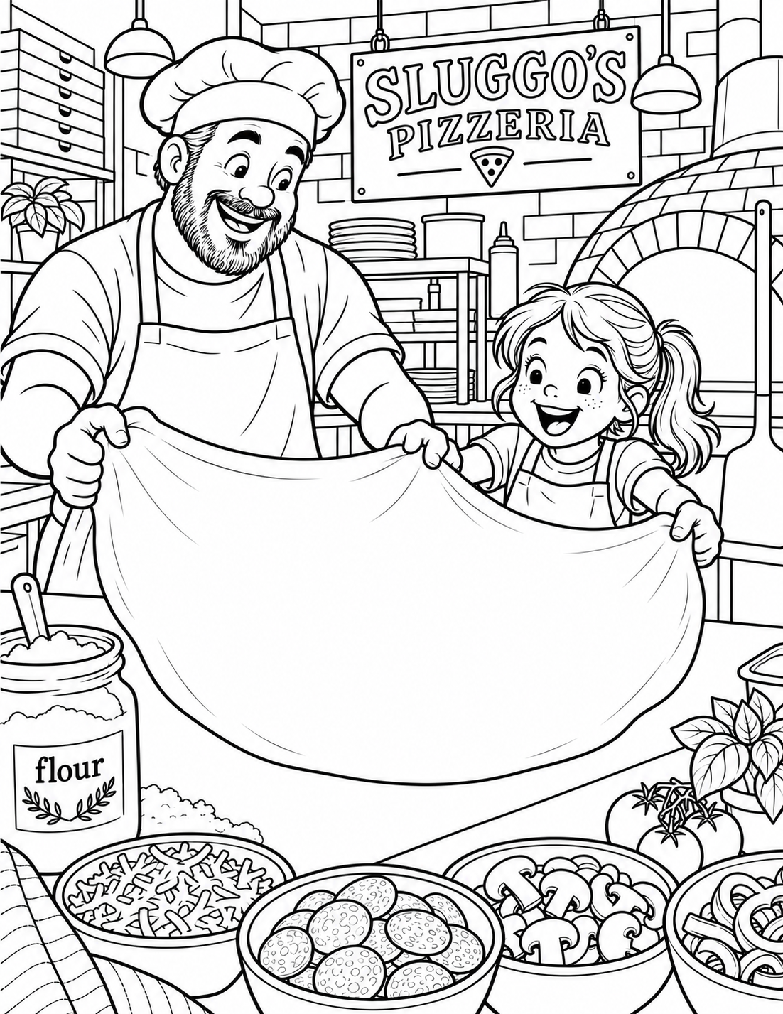 Cheerful pizza maker and girl stretch a wide dough sheet; remove shading from the existing exact image.