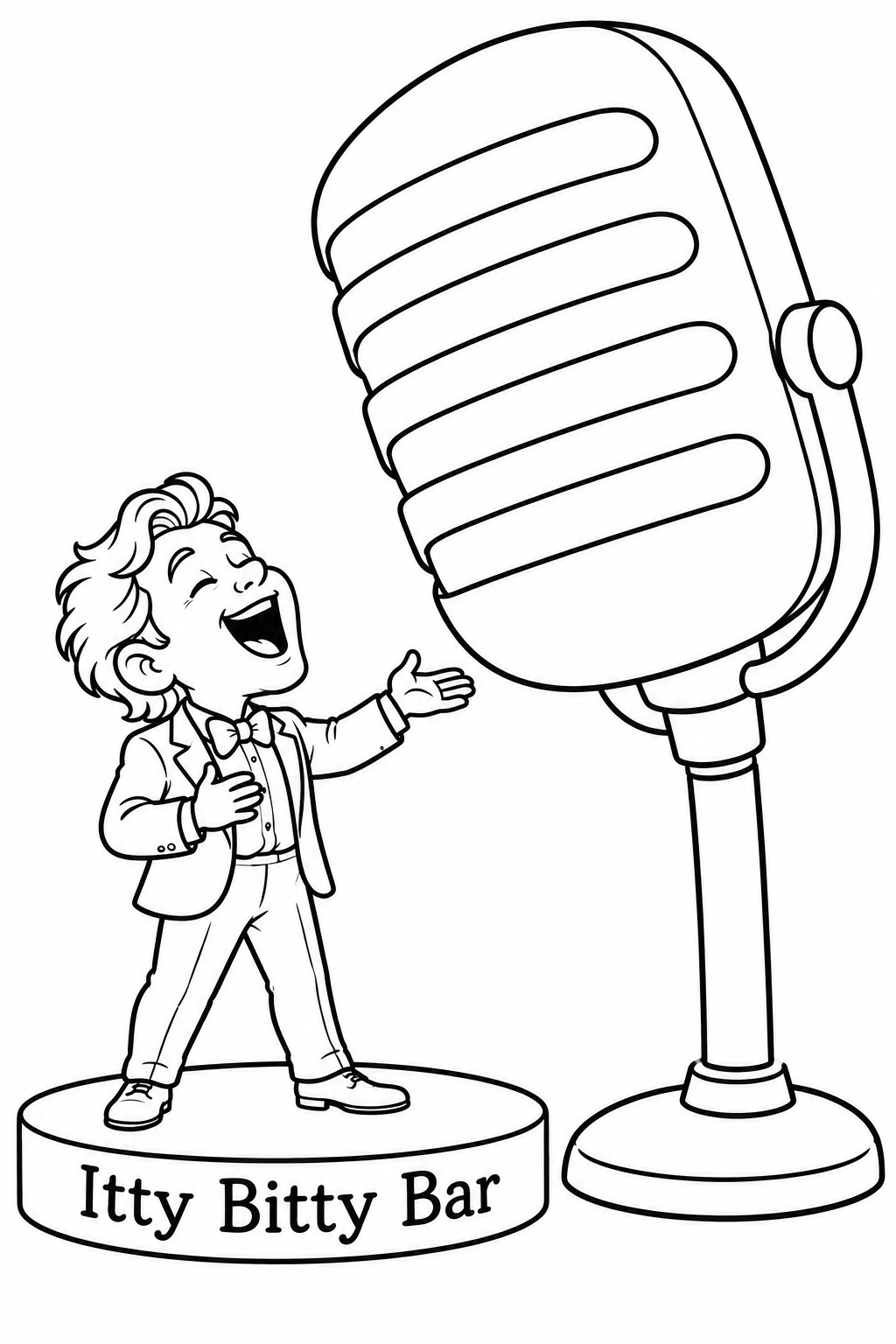A tiny adult singer stands on a little round stage, singing enthusiastically into an enormous vintage microphone that towers beside them.