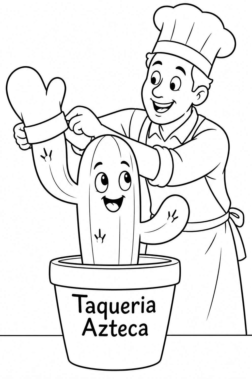 A friendly cactus kitchen helper looks delighted as a smiling cook slips one comically large oven mitt over its raised branch, covering the prickly tip.