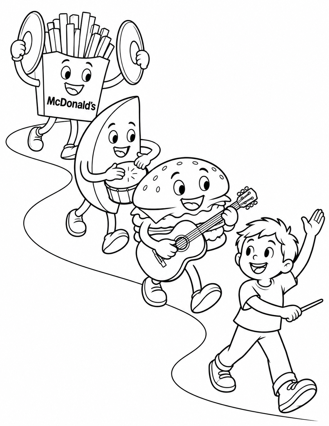 One child conducts a connected S-shaped musical parade of three large food performers: a cheeseburger strums guitar, a recognizable apple-slice wedge drums, and a fry carton brings cymbals together for the final beat.