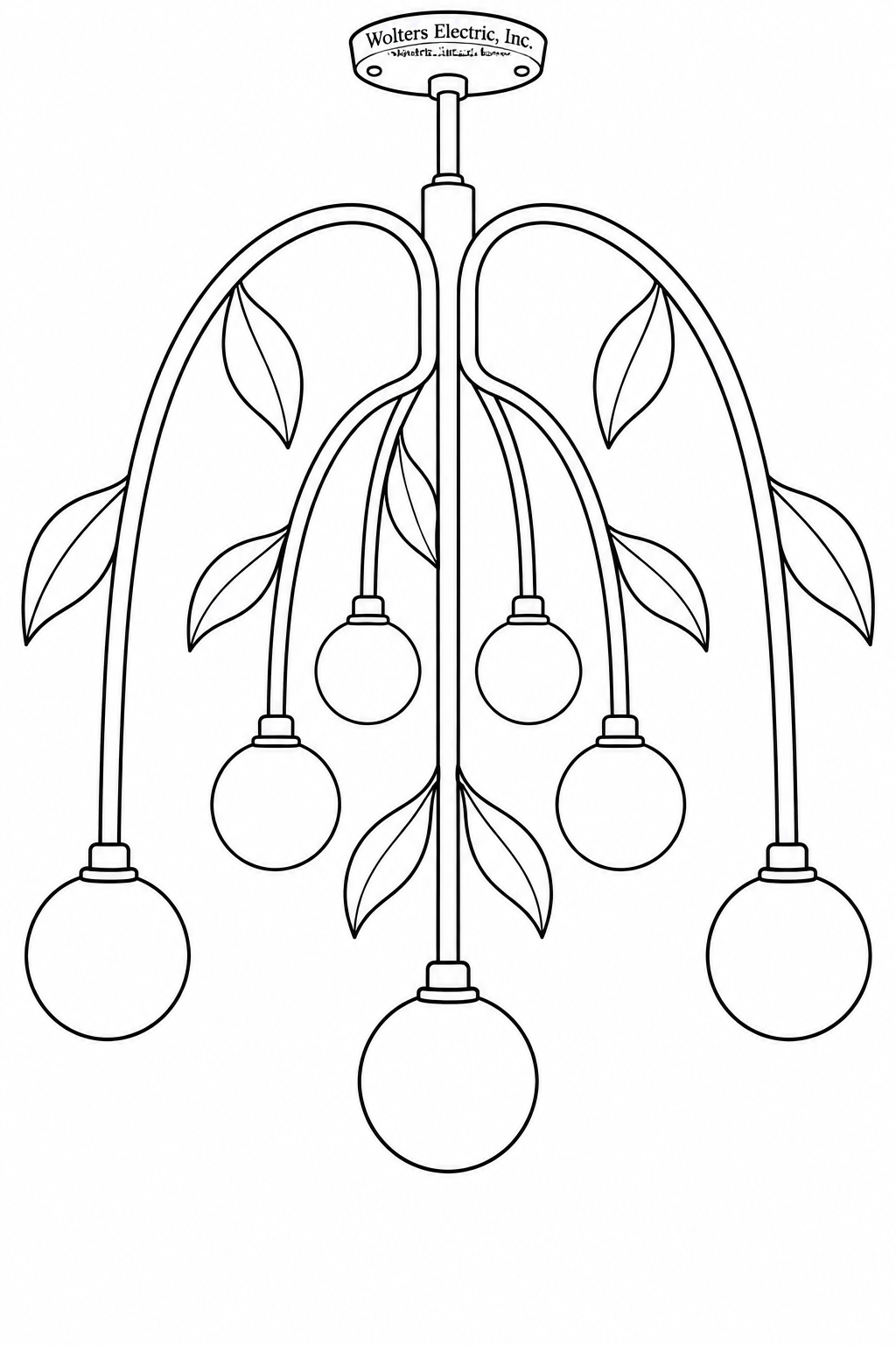 A pendant chandelier spreads like a small weeping willow, its curved metal branches ending in round globe lights.