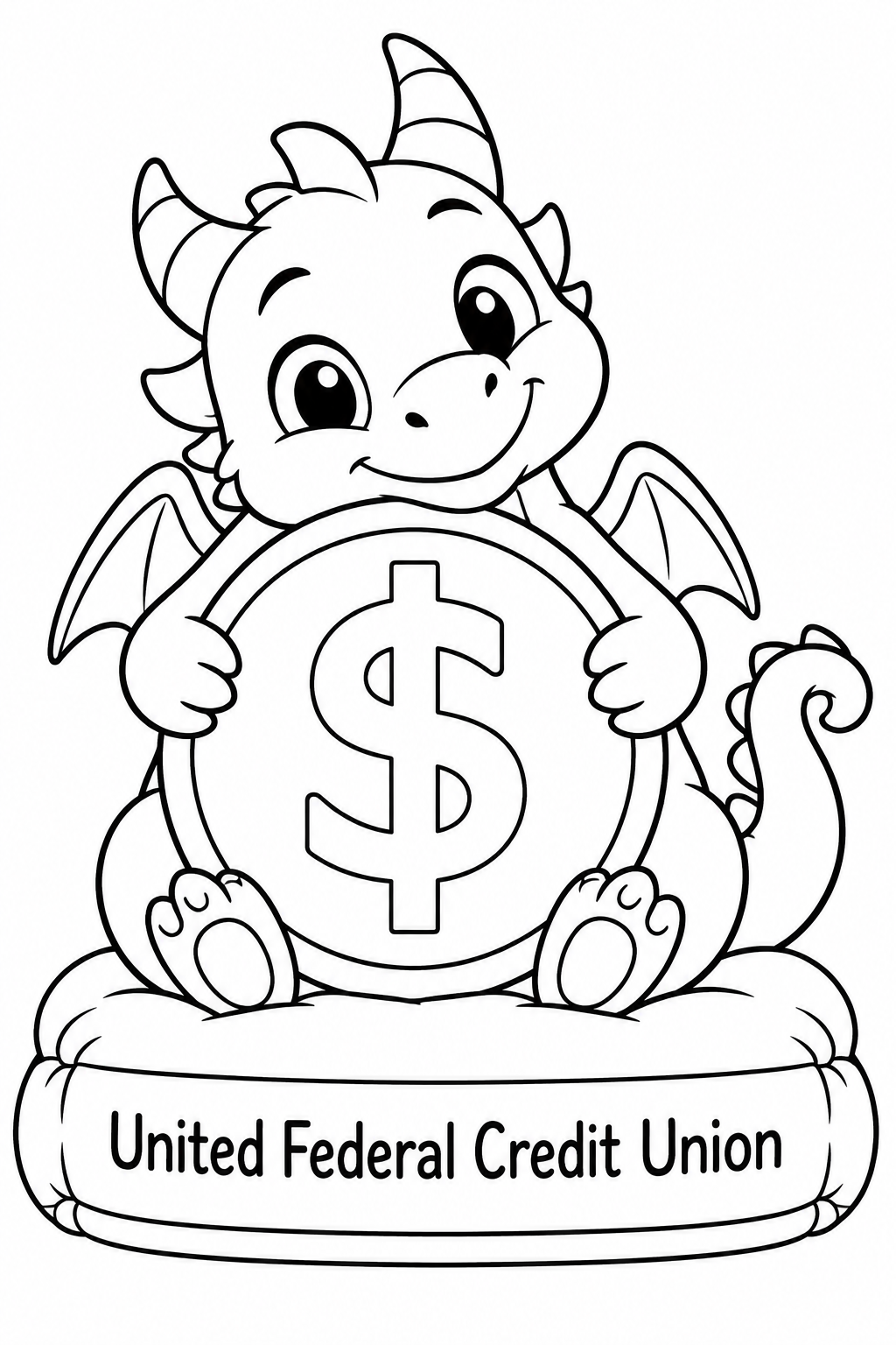 A tiny friendly dragon proudly hugs one large coin against its round belly as though its very first saved coin were a magnificent treasure.