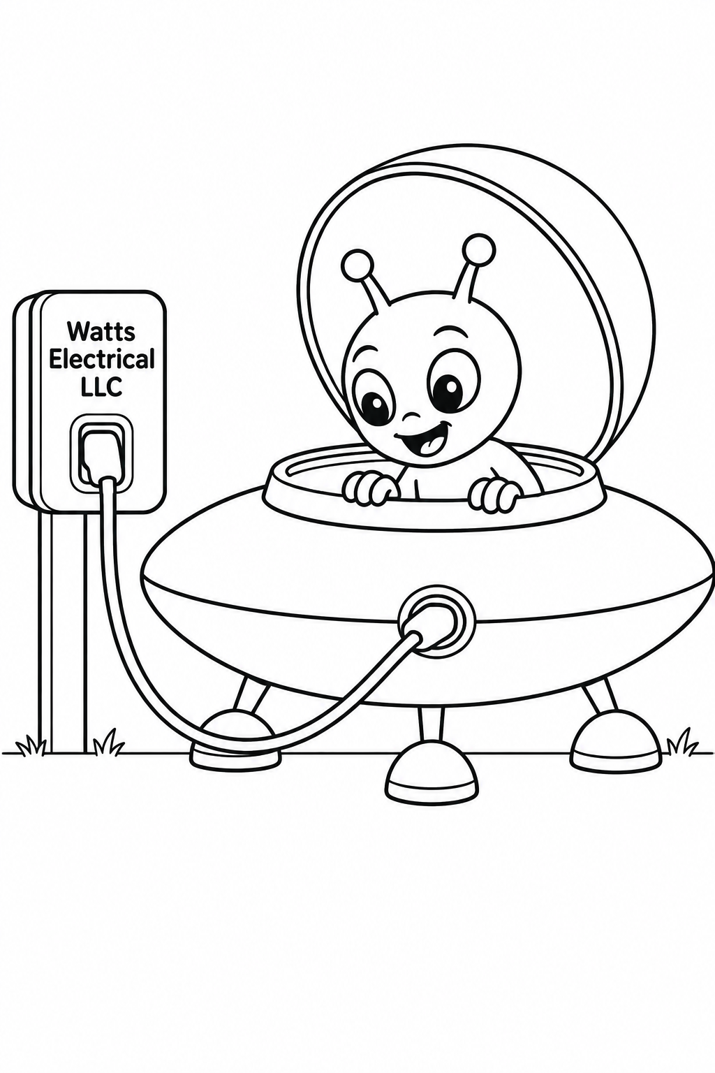 A delighted little alien has landed its flying saucer beside a home charging station and leans from the open dome to check the charging cable.